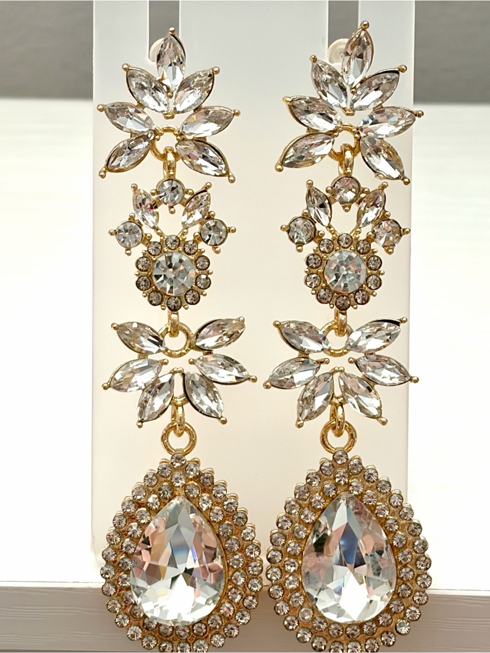 Clear CZ Floral Statement Earrings Gold Tone Teardrop Chandelier Earrings